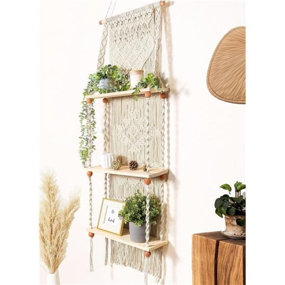 Macrame Wall Hanging Shelf Tier 3 Boho Hanging Wall Decor Boho Shelf Wall Decor - Picture 1 of 6